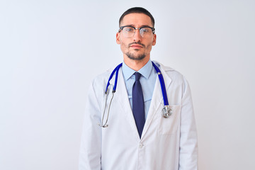 Sticker - Young doctor man wearing stethoscope over isolated background skeptic and nervous, frowning upset because of problem. Negative person.