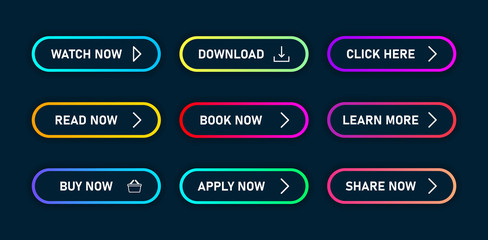 Poster - Colorful set of buttons with gradient and with multiple states for hover and click, isolated on dark blue background.