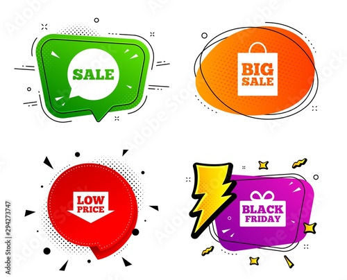 Black Friday Gift Box Symbol Banner Badges Various Colors Sale Speech Bubble Icon Big Sale Shopping Bag Low Price Arrow Sign Chat Bubble Vector Shape Gradient Banner Price Vector Stock Vector