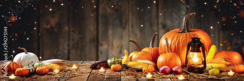 Fotomural Wooden Table With Lantern And Candles Decorated With Pumpkins, Corncobs, Apples