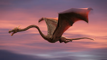 Beautiful Dragon, Red Fairy Tale Creature Flying In The Sky