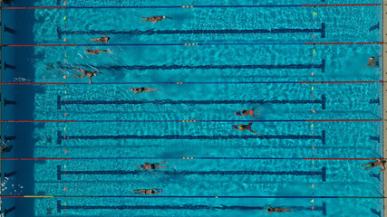 Aerial top view photo of people swimming and practising in outdoor pool