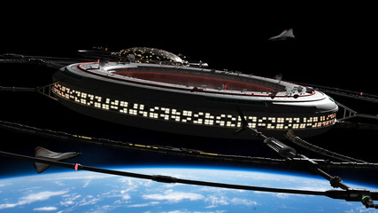 Wall Mural - space station with spaceships in orbit of planet earth