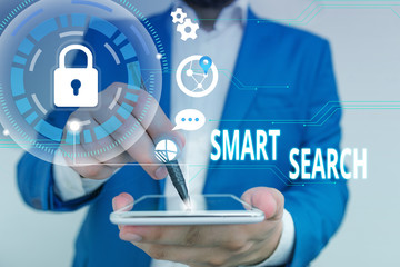 Poster - Handwriting text Smart Search. Conceptual photo tool used in recording software for searching based on motion Male human wear formal work suit presenting presentation using smart device