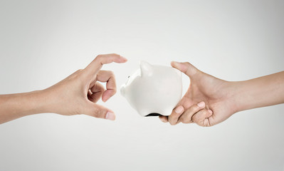 An empty pig piggy bank is on hand  The concept of saving and investing for future growth