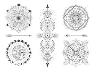 Wall Mural - vector set of sacred geometric symbols and figures on white background. abstract mystic signs collec