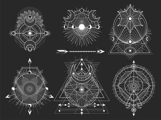 Vector set of Sacred geometric symbols and figures on black background. Abstract mystic signs collection.