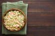 Coleslaw made of freshly shredded white cabbage and grated carrot with homemade mayonnaise-based salad dressing, photographed overhead with copy space on the side (Selective Focus, Focus on the salad)