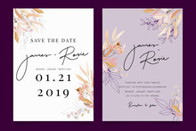 Autumn And Fall Flower Wedding Invitation Set, Floral Invite Thank You, Rsvp Modern Card Design In Pink Brown  Floral With Leaf Greenery  Branches Decorative Vector Elegant Rustic Template