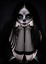 Portrait Of A Sitting Female Wearing Sugar Skull Style Make Up With Long Black Hair And Dressed With Gothic Accents. 3d Rendering 