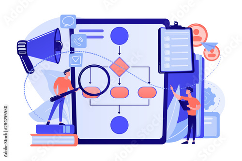 Fotomural Businessmen with magnifier looking at business process flow chart