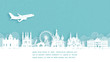 Travel poster with Welcome to Russia famous landmark in paper cut style vector illustration.