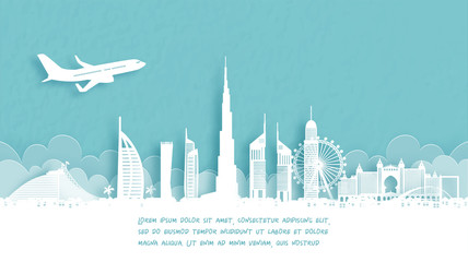 Wall Mural - travel poster with welcome to dubai famous landmark in paper cut style vector illustration.