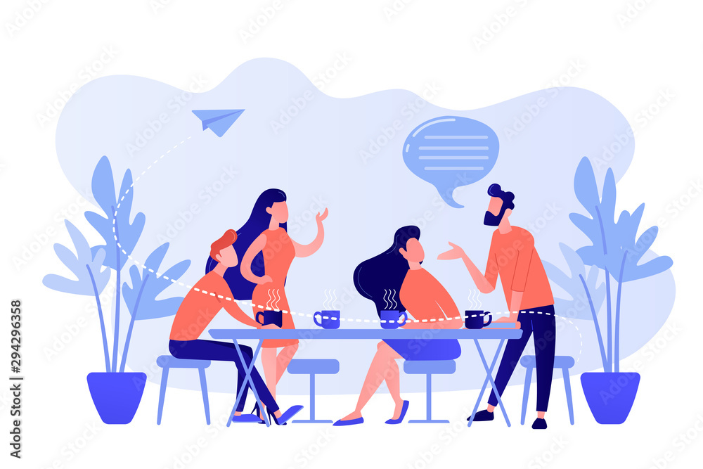 Group of friends sitting at the table talking, drinking coffee and tea, tiny people. Friends meeting, cheer up friend, friendship support concept. Pinkish coral bluevector isolated illustration - obrazy, fototapety, plakaty 
