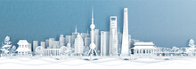 Panorama View Of Shanghai Skyline With World Famous Landmarks Of China In Paper Cut Style Vector Illustration.