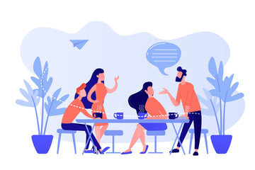 Poster - Group of friends sitting at the table talking, drinking coffee and tea, tiny people. Friends meeting, cheer up friend, friendship support concept. Pinkish coral bluevector isolated illustration