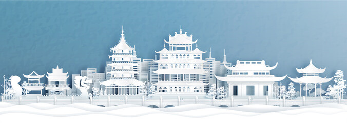 Fototapete - Panorama view of Hangzhou skyline with world famous landmarks of China in paper cut style vector illustration.