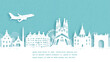 Travel poster with Welcome to Spain famous landmark in paper cut style vector illustration.