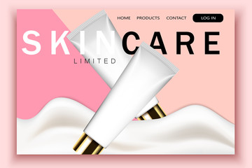 Wall Mural - Vector 3d realistic cosmetic bottles, wave cream on pink site template with typographic background. Mock-up for product package branding. web page design