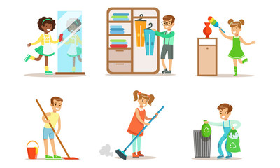 Wall Mural - Cute Children Doing Housework Set, Boys and Girls Mopping and Sweeping Floor, Folding Clothes, Wiping Dust, Kids Helping Parents with Housekeeping Vector Illustration