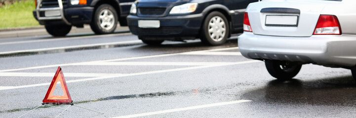 Wall Mural - Accident of red and silver car after rain damage failure to keep distance safe distance