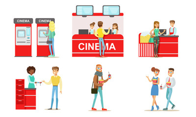 Wall Mural - People Going to the Cinema or Movie Theatre Set, Men and Women Buying Tickets and Popcorn Vector Illustration