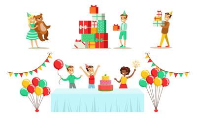 Wall Mural - Kids Celebrating Birthday Set, Children Having Fun at Party with Birthday Cake and Gifts Vector Illustration