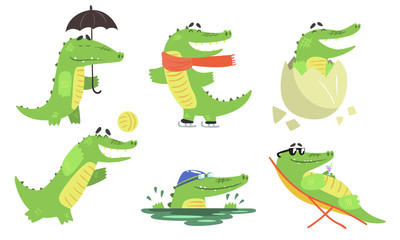 Wall Mural - Cute Crocodile Cartoon Character Set, Funny Humanized Reptile Animal Different Activities Vector Illustration