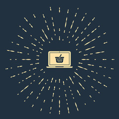 Beige Shopping basket on screen laptop icon isolated on dark blue background. Concept e-commerce, e-business, online business marketing. Abstract circle random dots. Vector Illustration