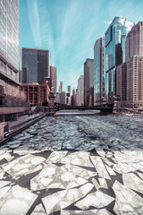 Poster - Ice floes on Chicago River, winter scenery, polar vortex