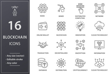 Wall Mural - Blockchain line icons set. Black vector illustration. Editable stroke.