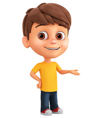 Wall Mural - Cartoon character little boy points his hand to an empty place on a white background. 3d render illustration.