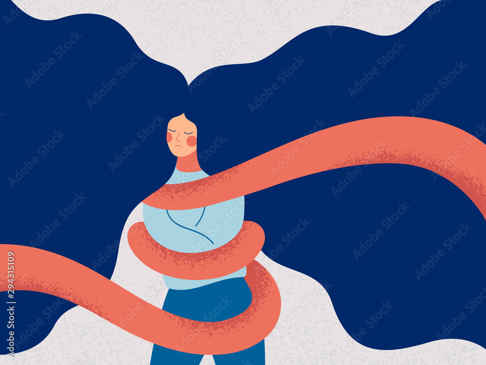 A young woman with flying hair is tied with a rope. Concepts of restrictions on the ability of women in society. Human character illustration - obrazy, fototapety, plakaty 