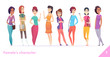 Women character design collection. Modern cartoon flat style. Females stand together. Young females in different poses.