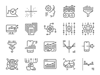 Data science line icon set. Included icons as big data, graph, AI, application, graph plotting, graph relation and more.