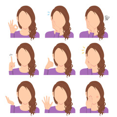 Sticker - Faceless young woman vector illustration set / hand gesture variation. 