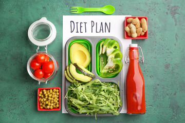 Wall Mural - Different healthy food with diet plan on color background