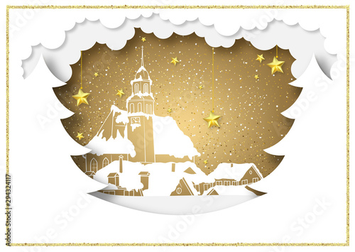 Paper Style Christmas Background with Golden Illustration with Glittering Eff...