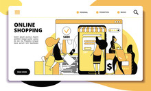 Online Shopping Landing Page. Ecommerce Sales, People With Smartphone Doing Internet Payment In On-line Store. Website Vector Concept. Shopping Order, Payment Card And E-commerce Illustration