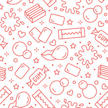 Bubble Gum Seamless Pattern With Flat Line Icons. Chewing Candy In Stick, Pads, Bubblegum Pack Vector Illustrations. Cute Background For Sweets Store Packaging, Pink White Color