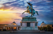 Statue Of Archduke Charles Of Vienna, Austria. Evening View.