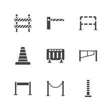 Roadblock Flat Glyph Icons Set. Barrier, Crowd Control Barricades, Rope Stanchion Vector Illustrations. Black Signs For Pedastrian Safety, Roadwork. Silhouette Pictogram Pixel Perfect 64x64