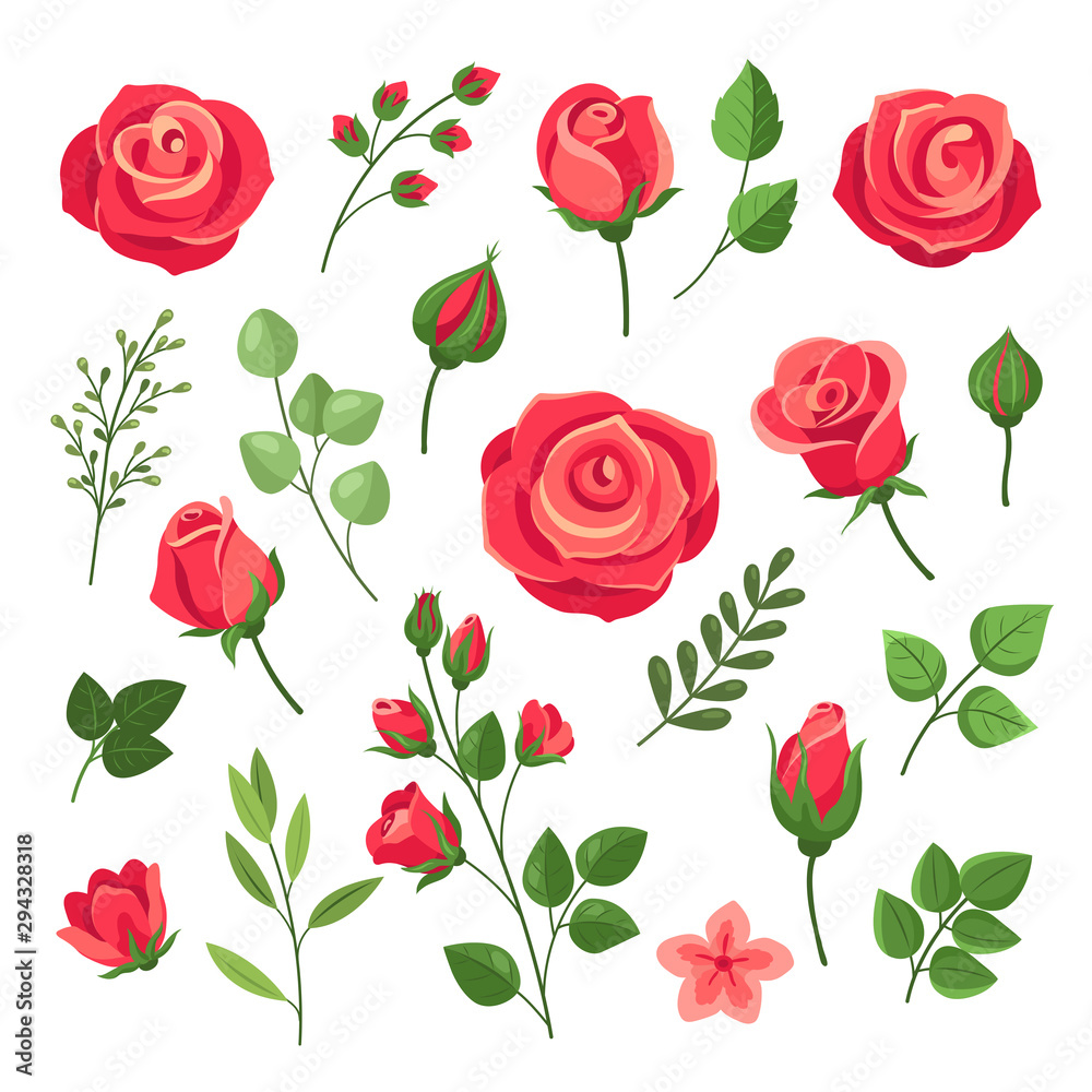 Red roses. Burgundy rose flower bouquets with green leaves and buds. Watercolor floral romantic decor. Isolated cartoon vector set. Pink and red blooming rose, branch floral blossom illustration - obrazy, fototapety, plakaty 