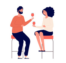 Drinking Couple. Man And Woman Drink Wine And Make Toast In Pub. Romantic Date Vector Cartoon Concept. Couple Love Celebration With Wine Illustration