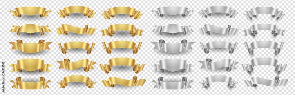 Ribbon banners. Gold silver ribbons vector set. Metallic banners isolated on transparent background. Illustration ribbon gold and silver design decoration - obrazy, fototapety, plakaty 