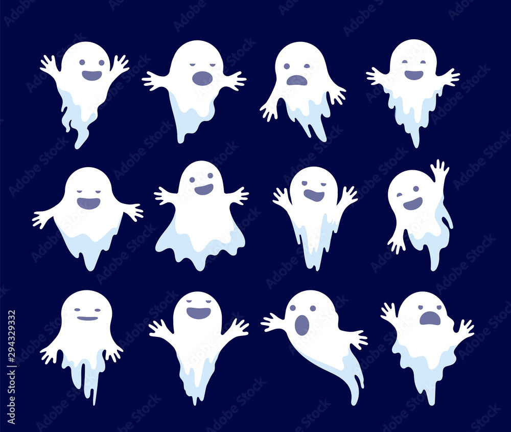 Ghost. Halloween spooky phantom, scary spirits. Mystery dead monsters cartoon vector ghostly characters. Illustration ghost holiday, white ghostly mystery illustration - obrazy, fototapety, plakaty 