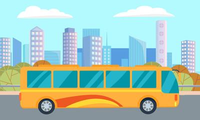 Wall Mural - Bus on road in city street with trees and skyscrapers. Yellow public transport, park and downtown, urban architecture and vehicle, cityscape and transportation. Tourist bus for bus travel in new town