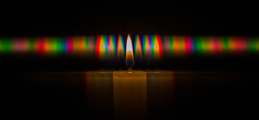 Photo of the diffraction pattern of candle flame light, comprising a large number of diffraction orders obtained by the grating
