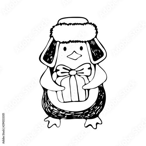 Cute Cartoon Penguin In Winter Hat Holding A Gift Winter Illustration For Design On The Theme
