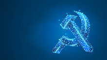 Hammer And Sickle. USSR, Soviet Union Proletarian Solidarity Symbol, Communism Sign. Abstract, Digital, Wireframe, Low Poly Mesh, Raster Blue Neon 3d Illustration. Triangle, Line, Dot